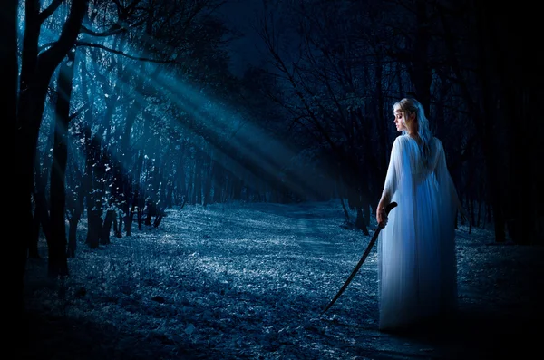 Elfe fille avec épée dans la forêt de nuit — Photo