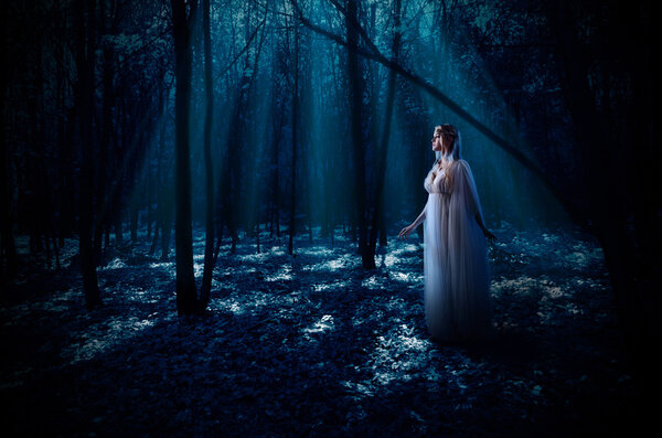 Young elven girl at night forest