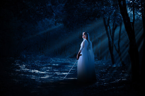 Young elven girl with sword in night forest