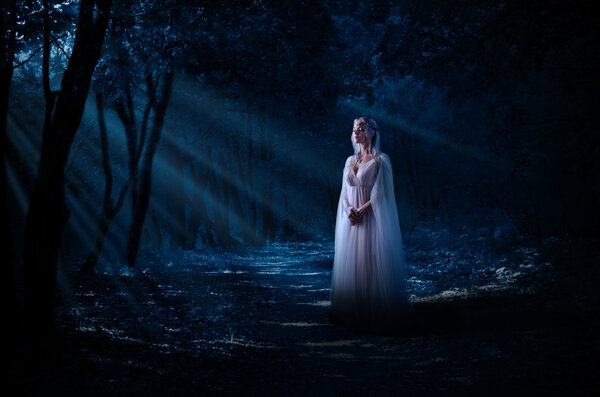 Young elven girl in night forest