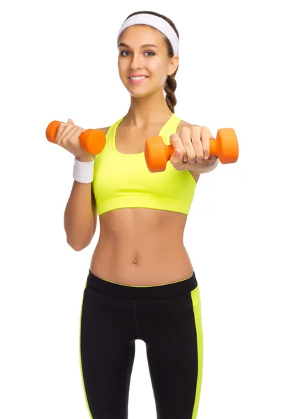 Sporty young girl with dumbbells — Stock Photo, Image