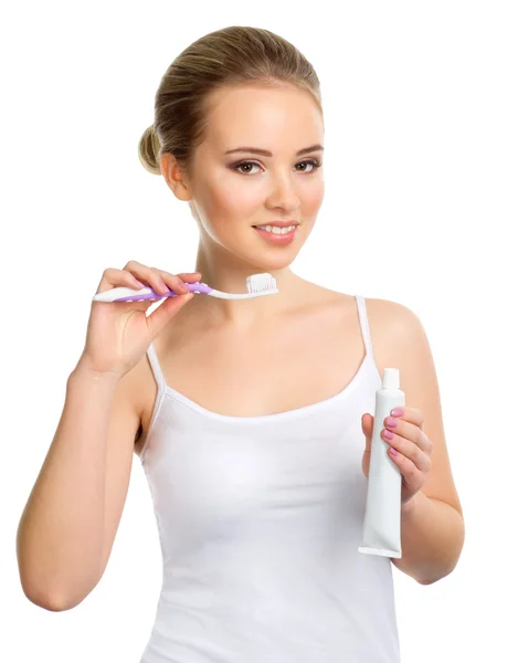 歯ブラシを持つ健康的な少女 — ストック写真