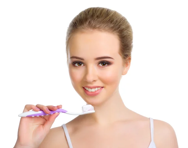 Jeune fille en bonne santé avec brosse à dents — Photo