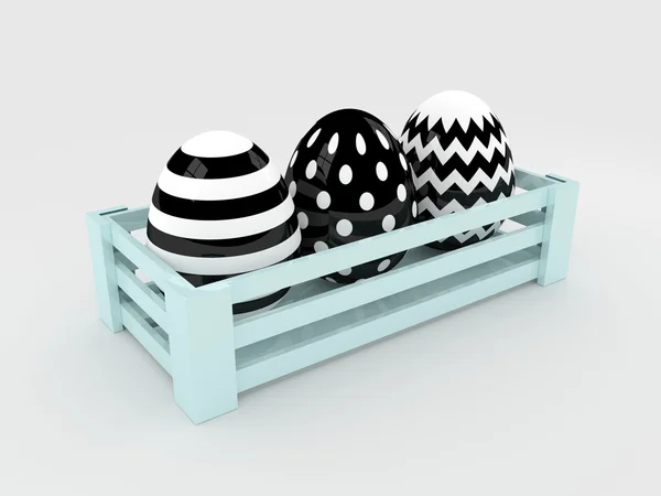 3D-zwart-wit paaseieren in houten kist — Stockfoto