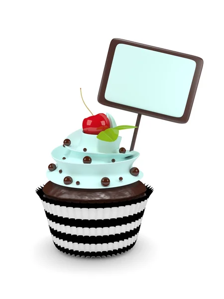 Cupcake with blank board isolated on white background — Stock Photo, Image