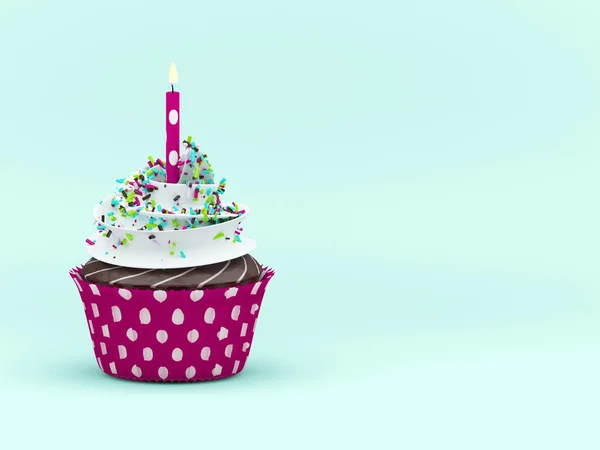 Sweet cupcake with candle over light blue background — Stock Photo, Image