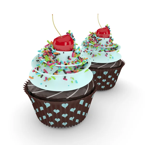 3D γλυκό cupcakes με ψεκάζει απομονωθεί σε λευκό — Φωτογραφία Αρχείου