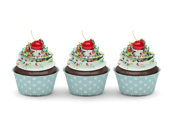 3D γλυκό cupcakes με ψεκάζει απομονώνονται σε λευκό φόντο — Φωτογραφία Αρχείου