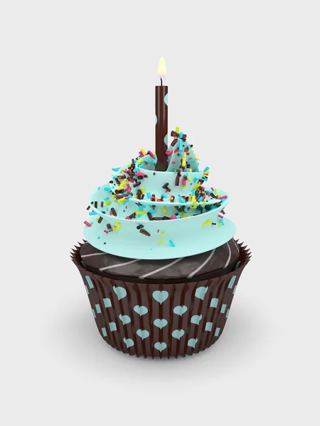 3d sweet cupcake with candle over light grey background — Stock Photo, Image