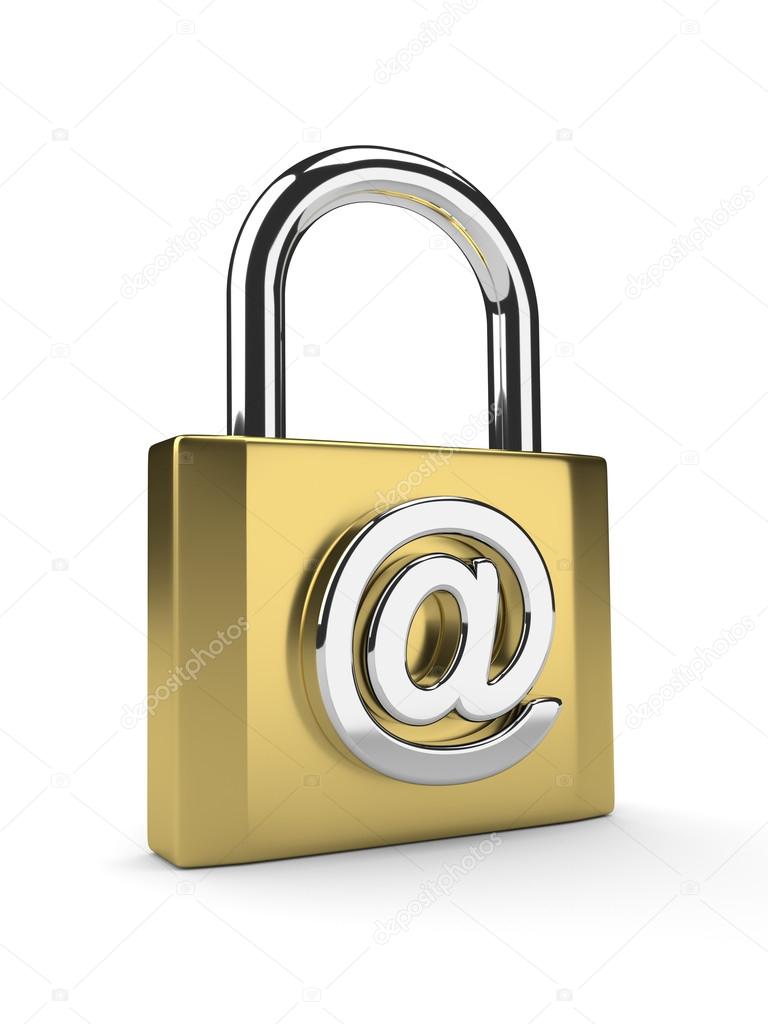 golden padlock with email sign isolated on white background