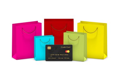 kredi kartı ile alışveriş torbaları üzerinde beyaz izole