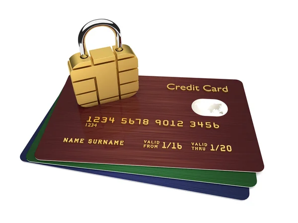 Creditcards met sim hangslot geïsoleerd op witte achtergrond — Stockfoto