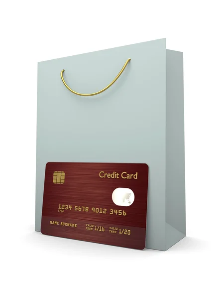 Carta di credito con shopping bag isolato su bianco — Foto Stock