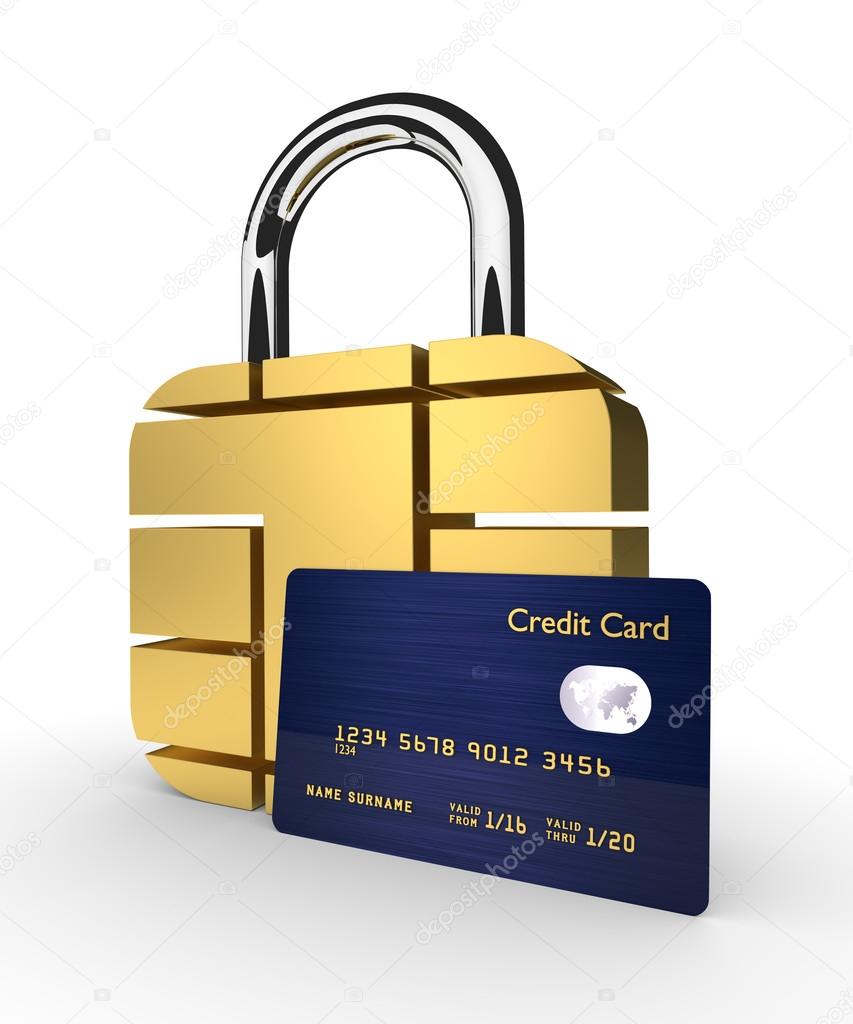 credit card with sim padlock isolated over white background