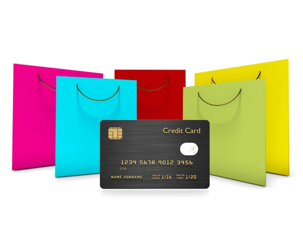 Кредитна картка з сумками для покупок ізольована над білим — стокове фото