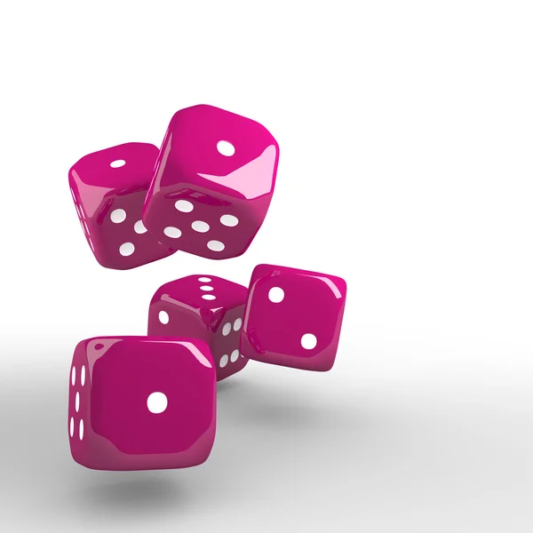 Spel roze dobbelstenen rollen op witte tafel — Stockfoto