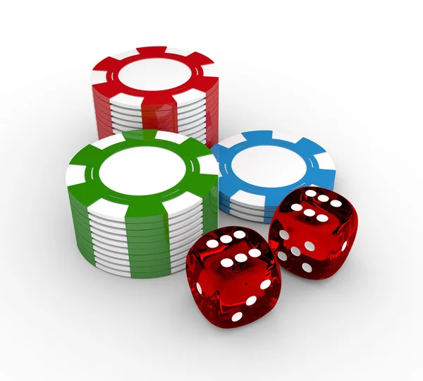 Játék dobókocka és a szerencsejáték-zsetonokat feküdt fehér íróasztal — Stock Fotó