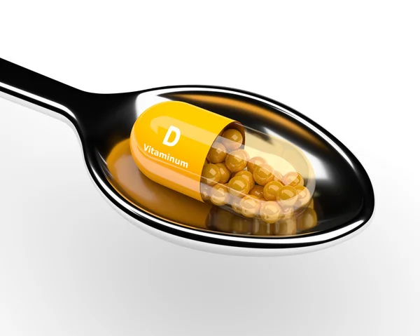 3D χάπι βιταμίνης D σε κουτάλι πάνω από λευκό — Φωτογραφία Αρχείου