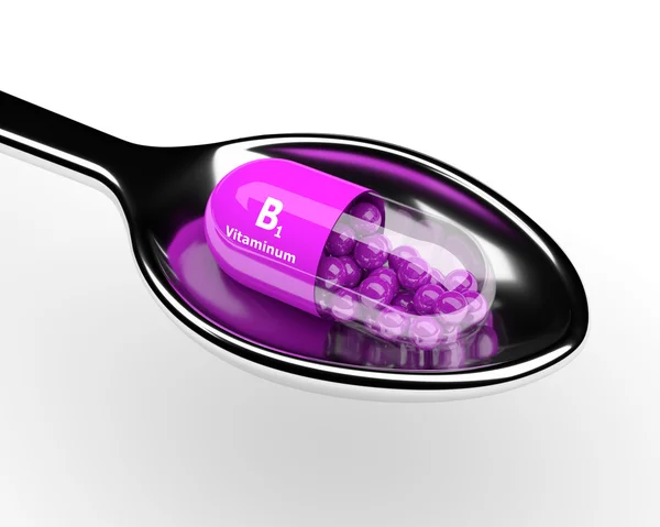 3D χάπι βιταμίνης B1 σε κουτάλι πάνω από λευκό — Φωτογραφία Αρχείου