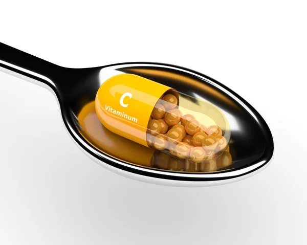 3D χάπι βιταμίνης C σε κουτάλι πάνω από λευκό — Φωτογραφία Αρχείου