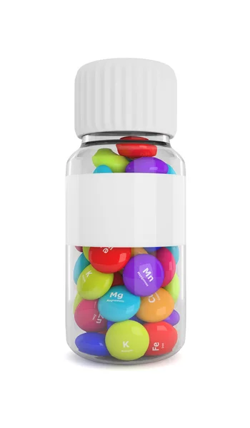 Bottiglia con elementi pillole isolate su bianco — Foto Stock