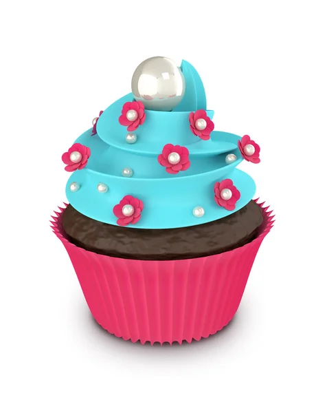 Cupcake sucré 3d aux fleurs et perles isolées sur blanc — Photo