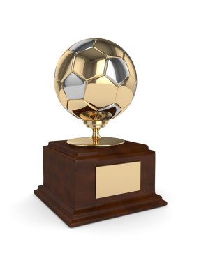 3d oluşturulan futbol topu trophy üzerinde beyaz izole