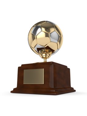3d oluşturulan futbol topu trophy üzerinde beyaz izole