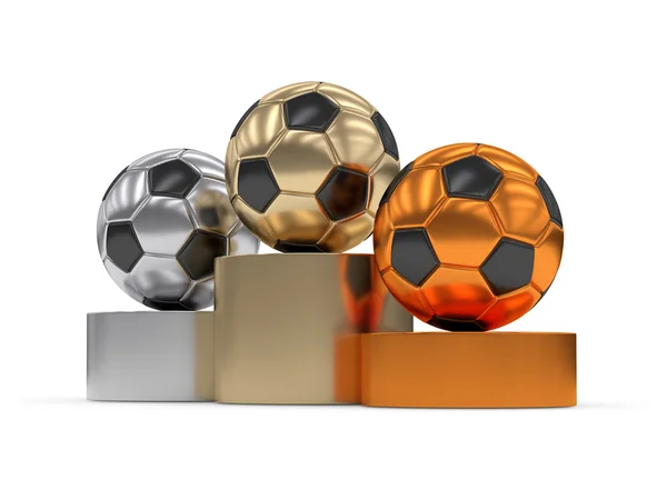 3D τετηγμένα βάθρο με μπάλες ποδοσφαίρου που απομονώνονται σε λευκό — Φωτογραφία Αρχείου