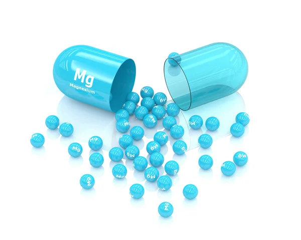3d reso magnesio pillola Mg su sfondo bianco — Foto Stock