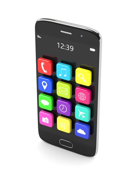 Rendu 3d de téléphone portable avec des applications isolées sur blanc — Photo