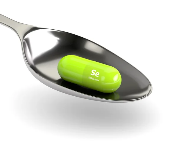 3D renderização com pílula de selênio na colher — Fotografia de Stock