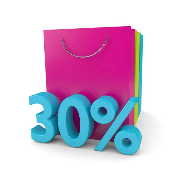 3D renderização de sacos de compras e 30% cubo de desconto sobre branco — Fotografia de Stock