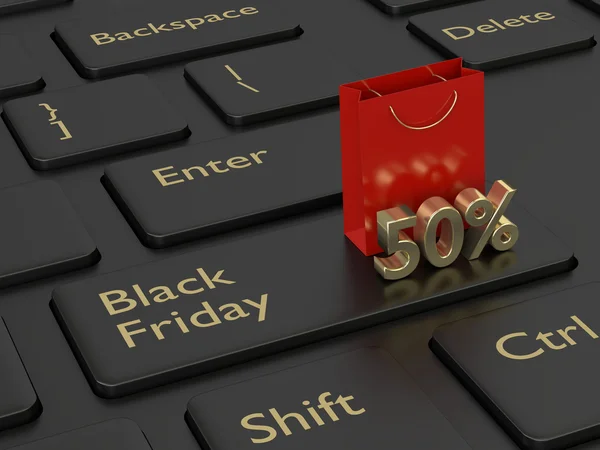 3D-rendering en toetsenbord, boodschappentas en black friday korting — Stockfoto