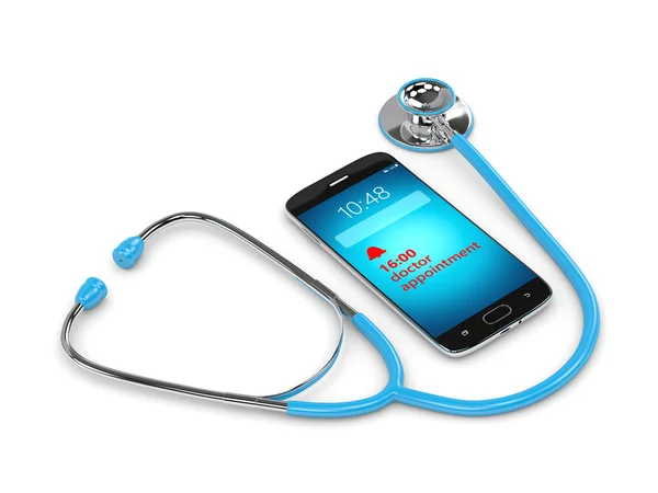 3d rendu de stéthoscope bleu et téléphone portable avec rendez-vous — Photo