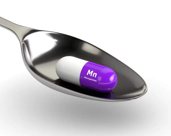 3d визуализация марганцевой таблетки на ложке — стоковое фото