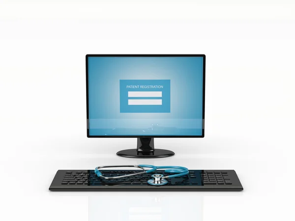 Representación 3d de la pantalla del ordenador, teclado y estetoscopio isola —  Fotos de Stock
