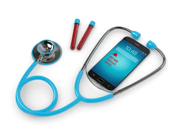 Blå stetoskop och mobiltelefon med blodprov alert — Stockfoto