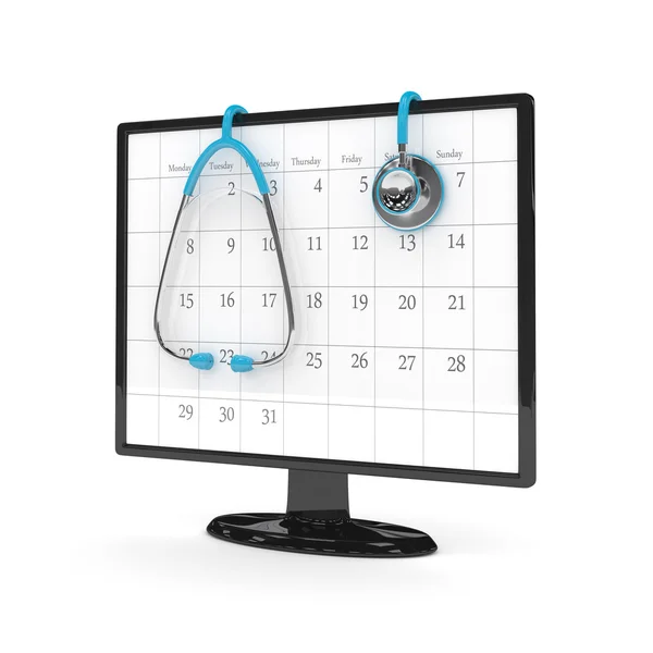 Τρισδιάστατη απεικόνιση του οθόνη του υπολογιστή με το ημερολόγιο και στηθοσκόπιο — Φωτογραφία Αρχείου