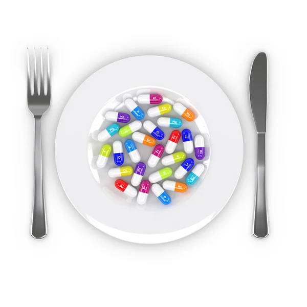 3d rendering of dietary supplements on plate isolated over white — Stock Photo, Image