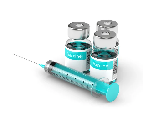 Renderowania 3D z fiolkami szczepionki i strzykawek na białym tle nad białym — Zdjęcie stockowe