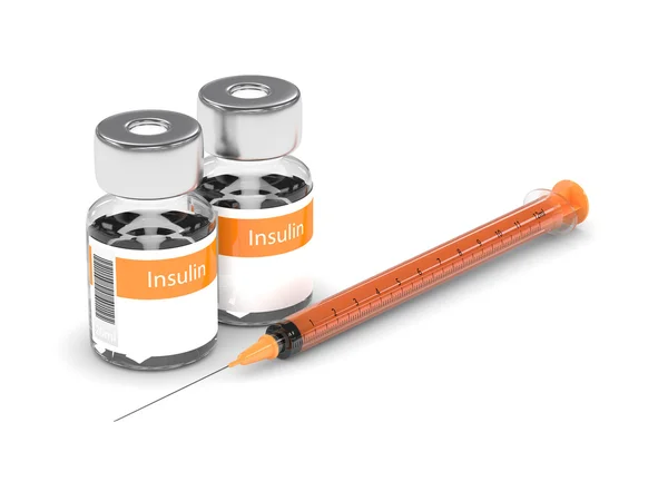 3D-rendering av insulin injektionsflaskor och spruta isolerade över vita — Stockfoto