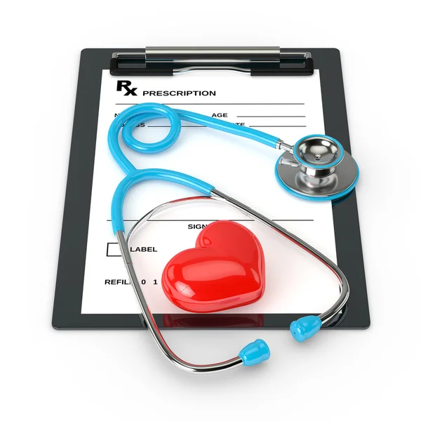 3d rendering of rx prescription and stethoscope over white — Stock Photo, Image