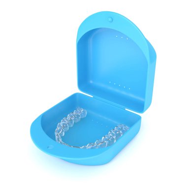 3d render of clear and removable aligner with case over white background clipart