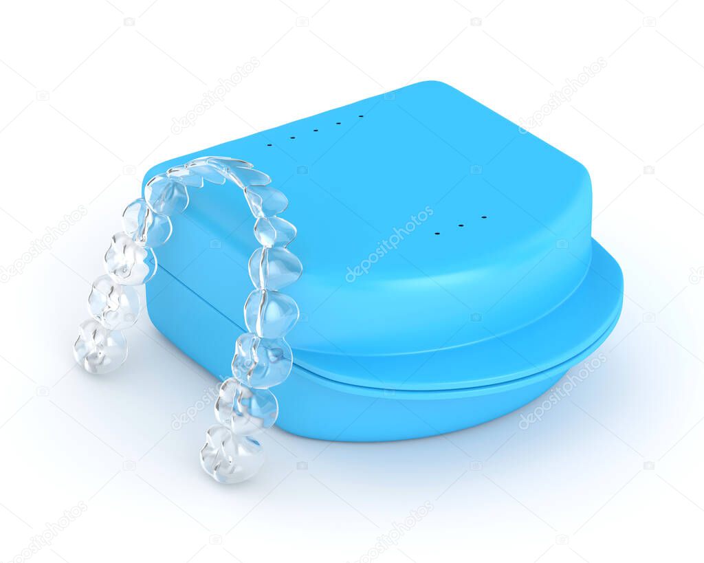 3d render of clear and removable aligner with case over white background