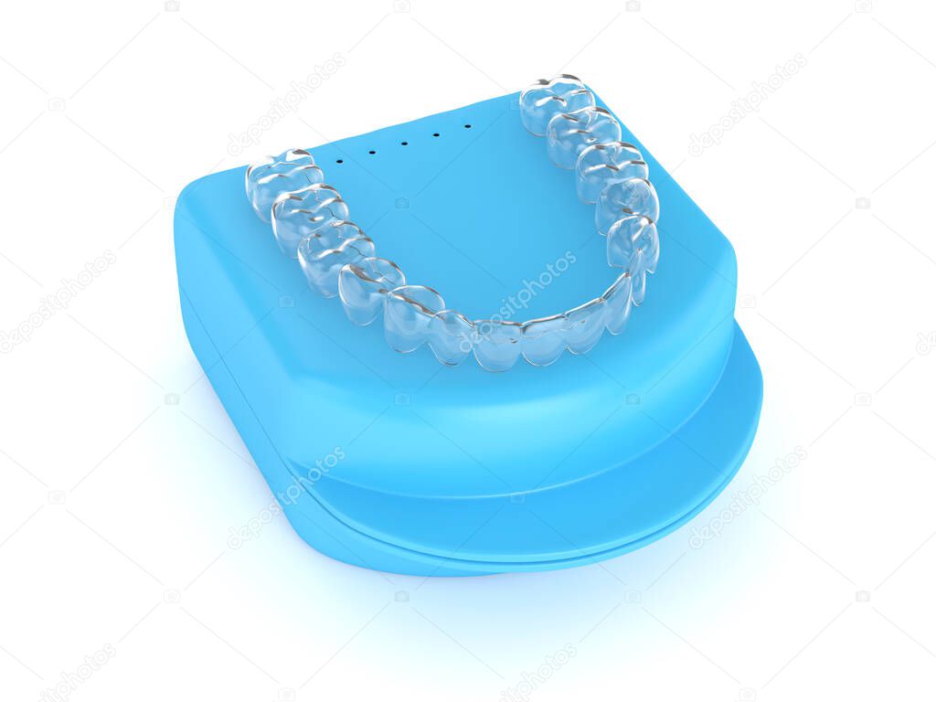 3d render of clear and removable aligner with case over white background
