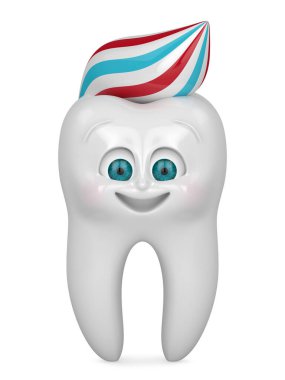 Bay Tooth 'un beyaz arka planda izole edilmiş 3 boyutlu diş macunu çizimi. Pediatrik diş hijyeni konsepti. 