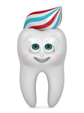 Bay Tooth 'un beyaz arka planda izole edilmiş diş macununa baktığı üç boyutlu bir karikatür. Pediatrik diş hijyeni konsepti. 