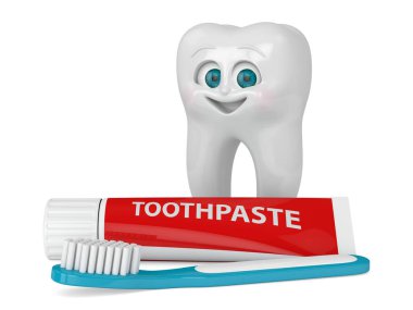 Beyaz arka planda izole edilmiş diş fırçası ve diş macunuyla Bay Tooth 'un 3 boyutlu çizimi. Pediatrik diş hijyeni konsepti. 