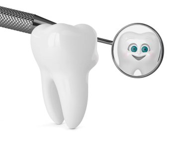 Bay Tooth 'un beyaz arka planda izole edilmiş aynaya bakarken üç boyutlu görüntüsü. Pediatrik diş hijyeni konsepti. 